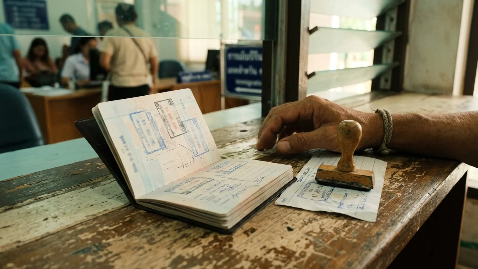 Pass och pappersremsa på en disk i ett thailändskt immigrationskontor.