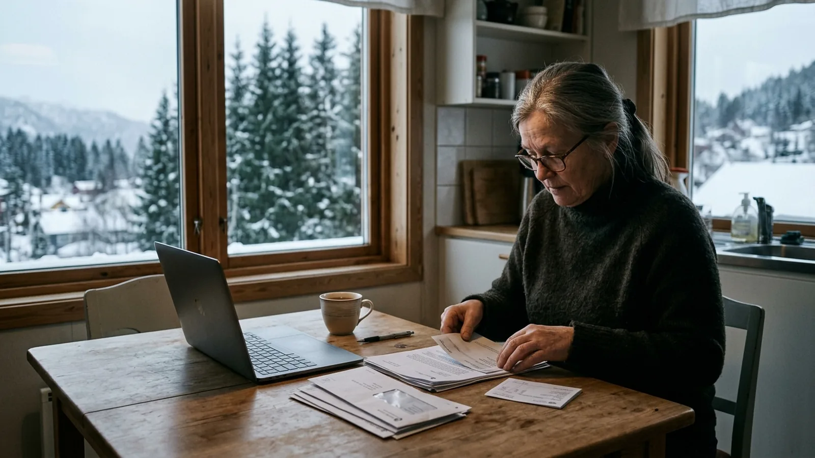 Person sorterar lönebesked och myndighetsbrev vid ett köksbord i Norge.