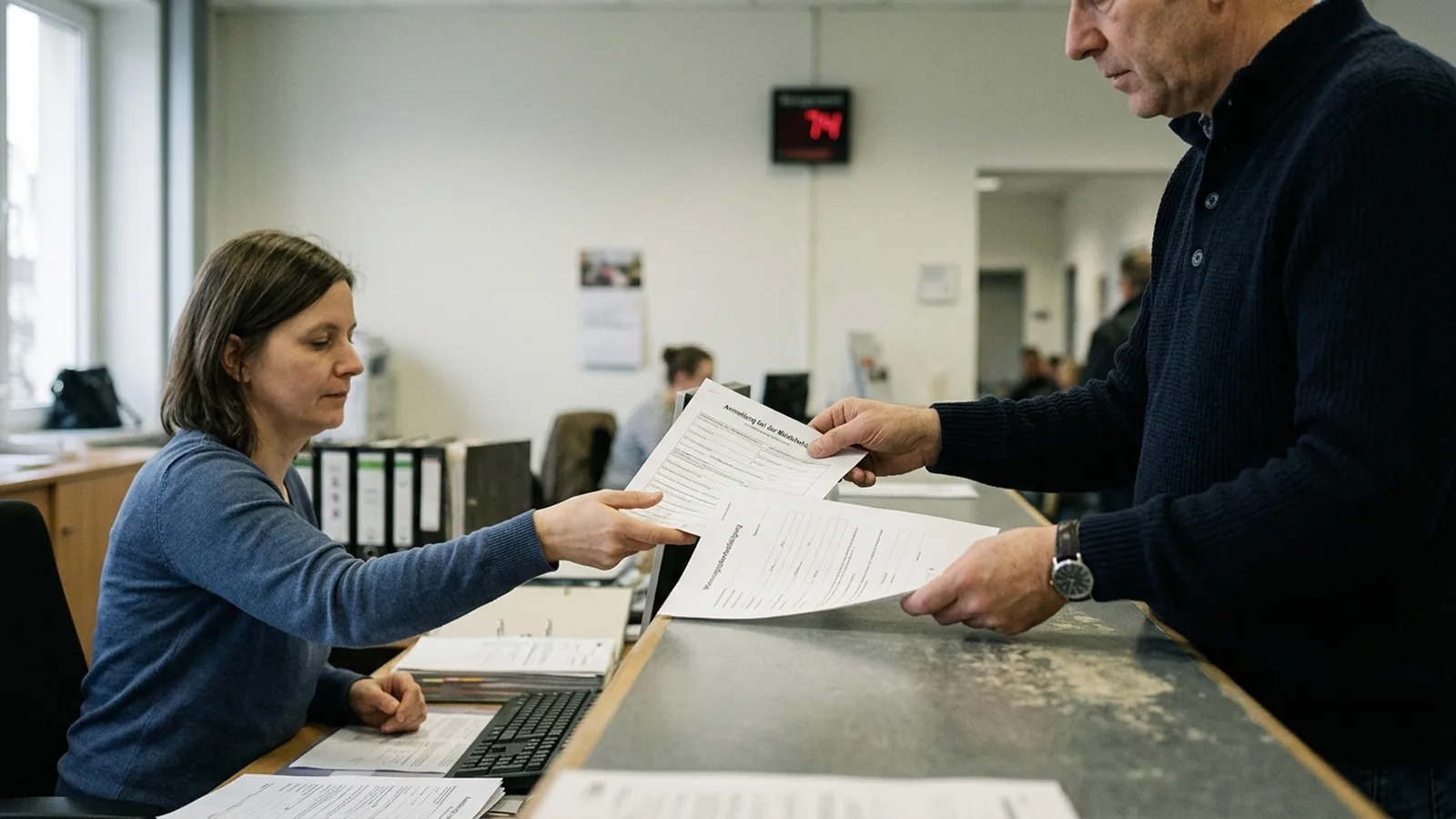 Person lämnar in folkbokföringsblankett vid en tysk myndighetsdisk.