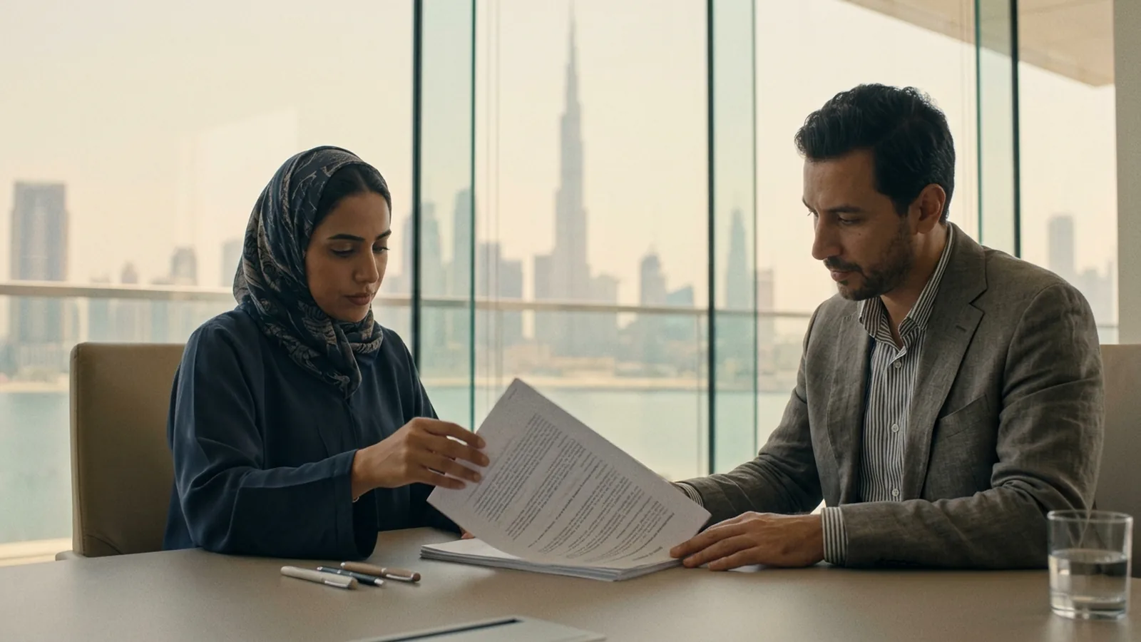 Två personer går igenom ett anställningsavtal vid ett mötesbord i Dubai.