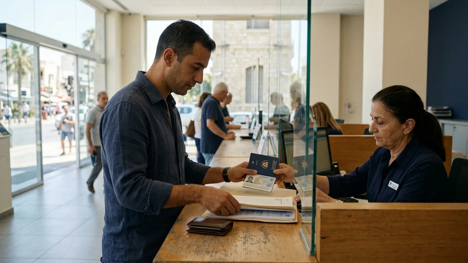 Kund lämnar över legitimation och papper vid ett bankkontor på Cypern.