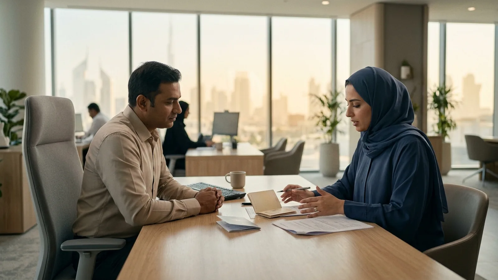 Kund lämnar över legitimation och papper vid ett bankkontor i Emiraten.