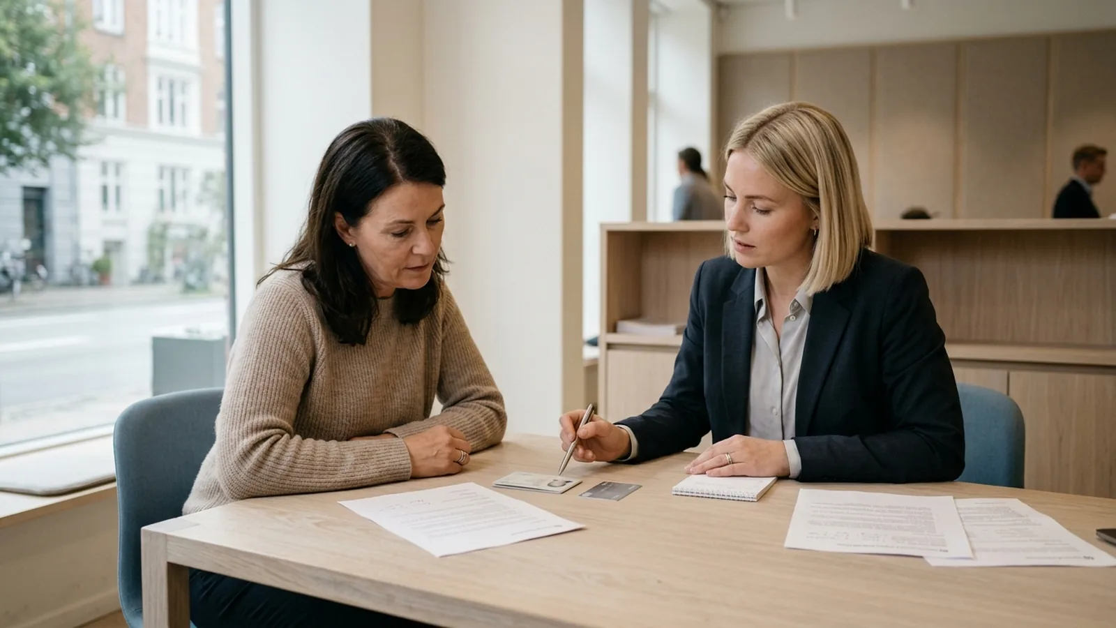 Kund lämnar över legitimation och papper vid ett bankkontor i Danmark.