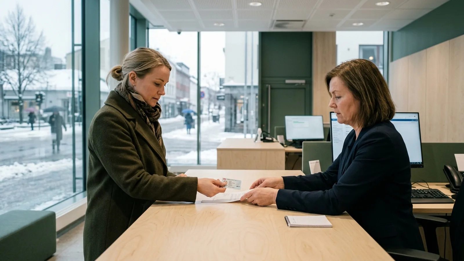 Kund lämnar över legitimation och papper vid ett bankkontor i Norge.