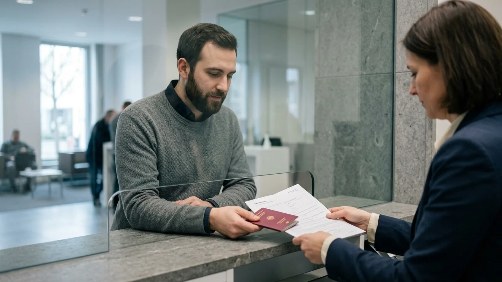 Kund lämnar över legitimation och papper vid ett bankkontor i Tyskland.