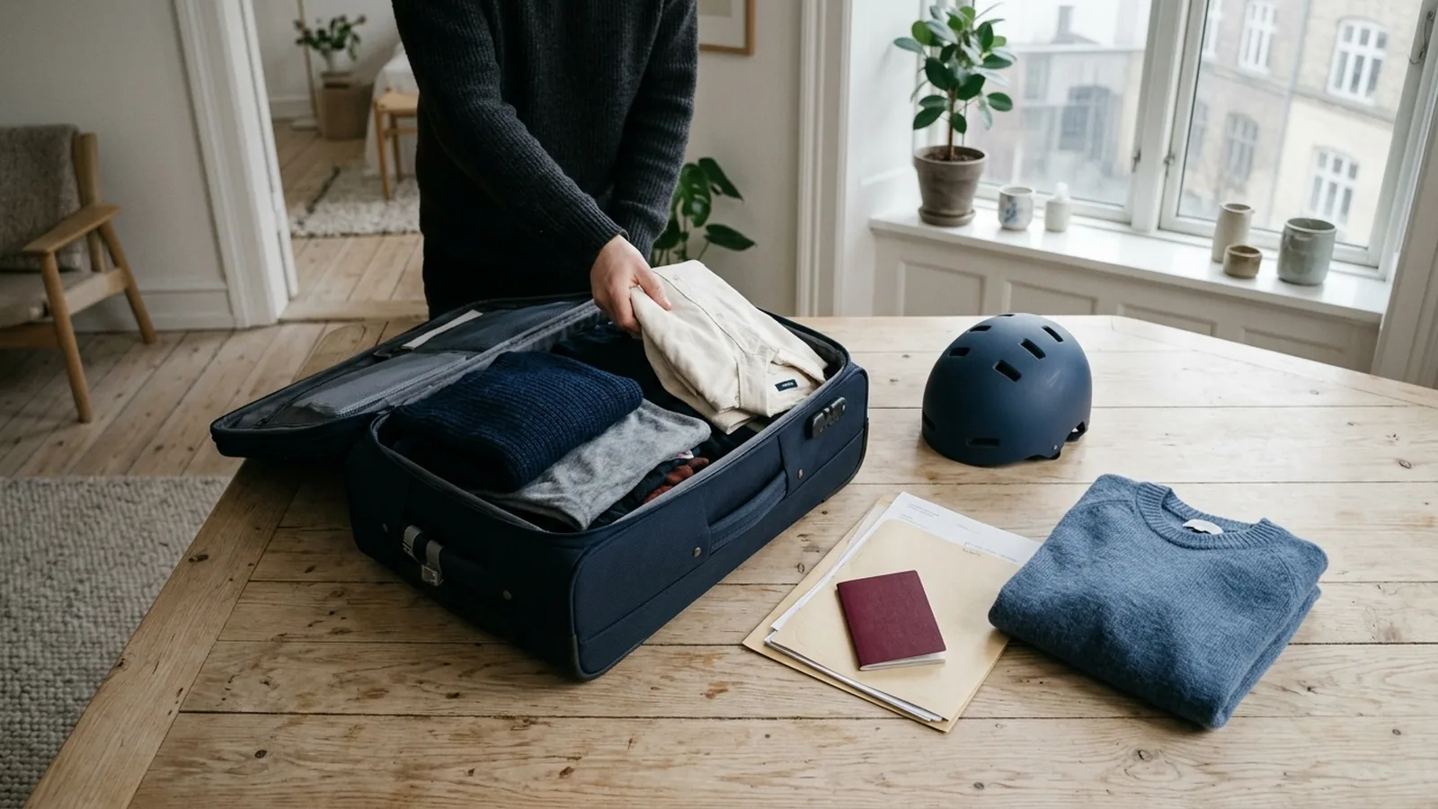 Packad resväska med pass och dokument inför avresan i Danmark.