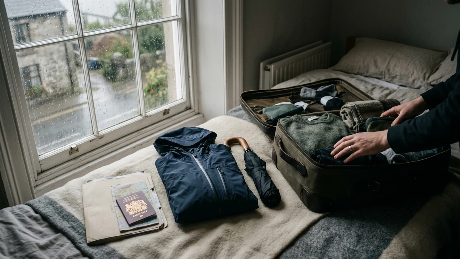 Packad resväska med pass och dokument inför avresan i Irland.