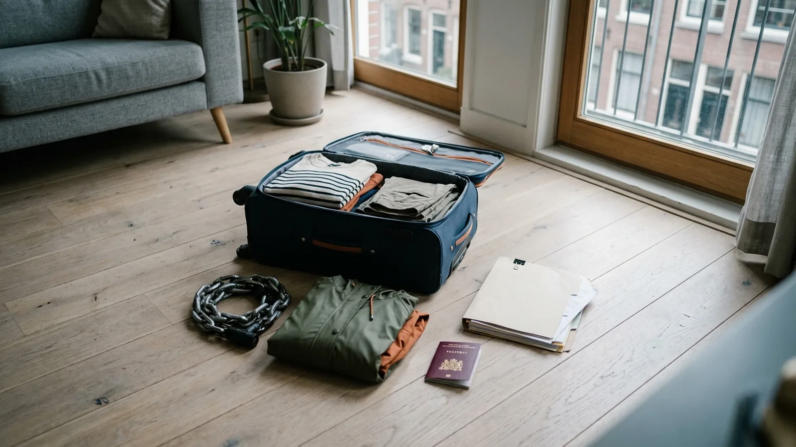 Packad resväska med pass och dokument inför avresan i Nederländerna.