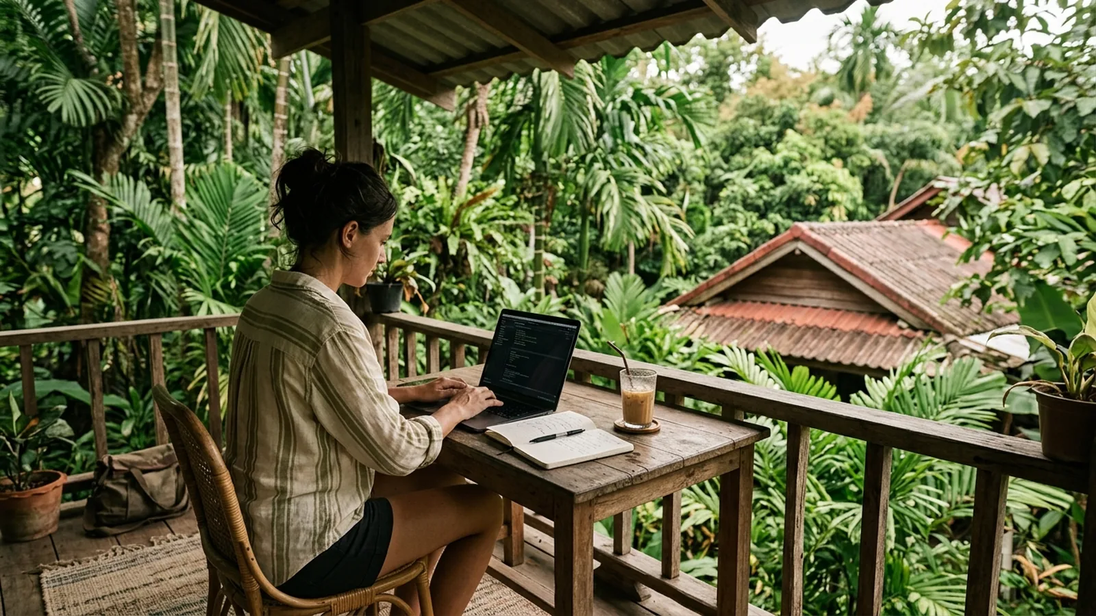 Person arbetar på laptop på en skuggad terrass i Thailand.