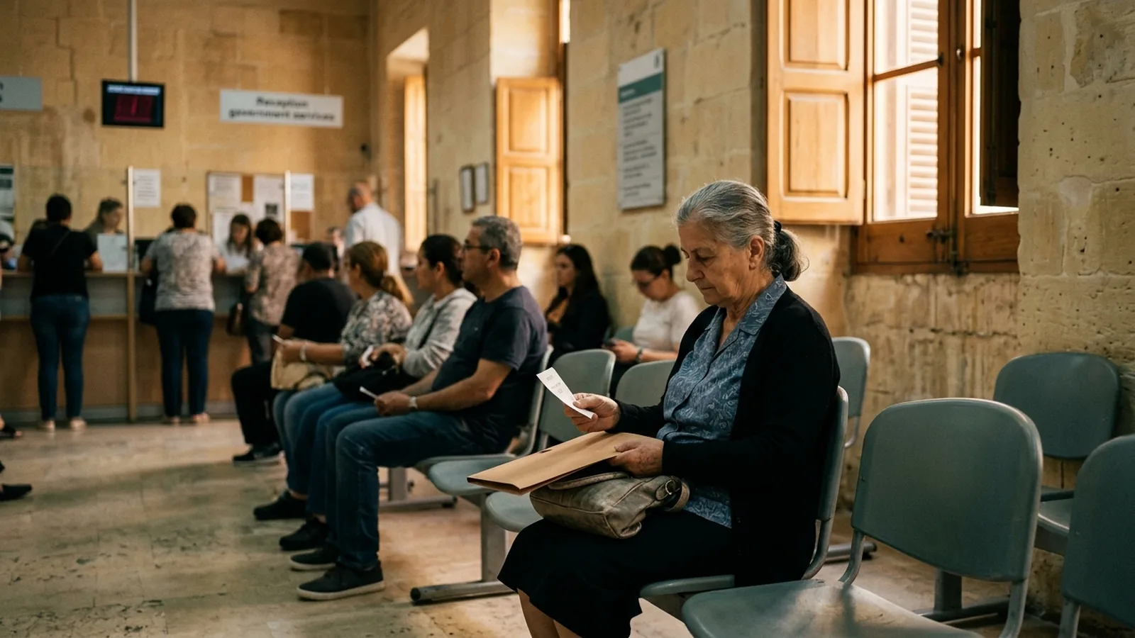 Person väntar med kölapp på ett myndighetskontor på Malta.