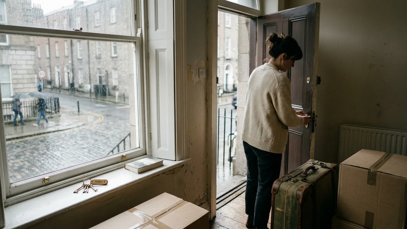 Resväska vid dörren i en tömd lägenhet i Dublin med regn mot fönstret.