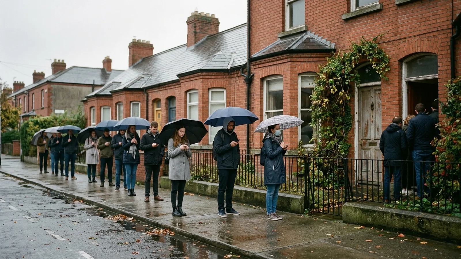 Kö av bostadssökande utanför ett radhus i Dublin.