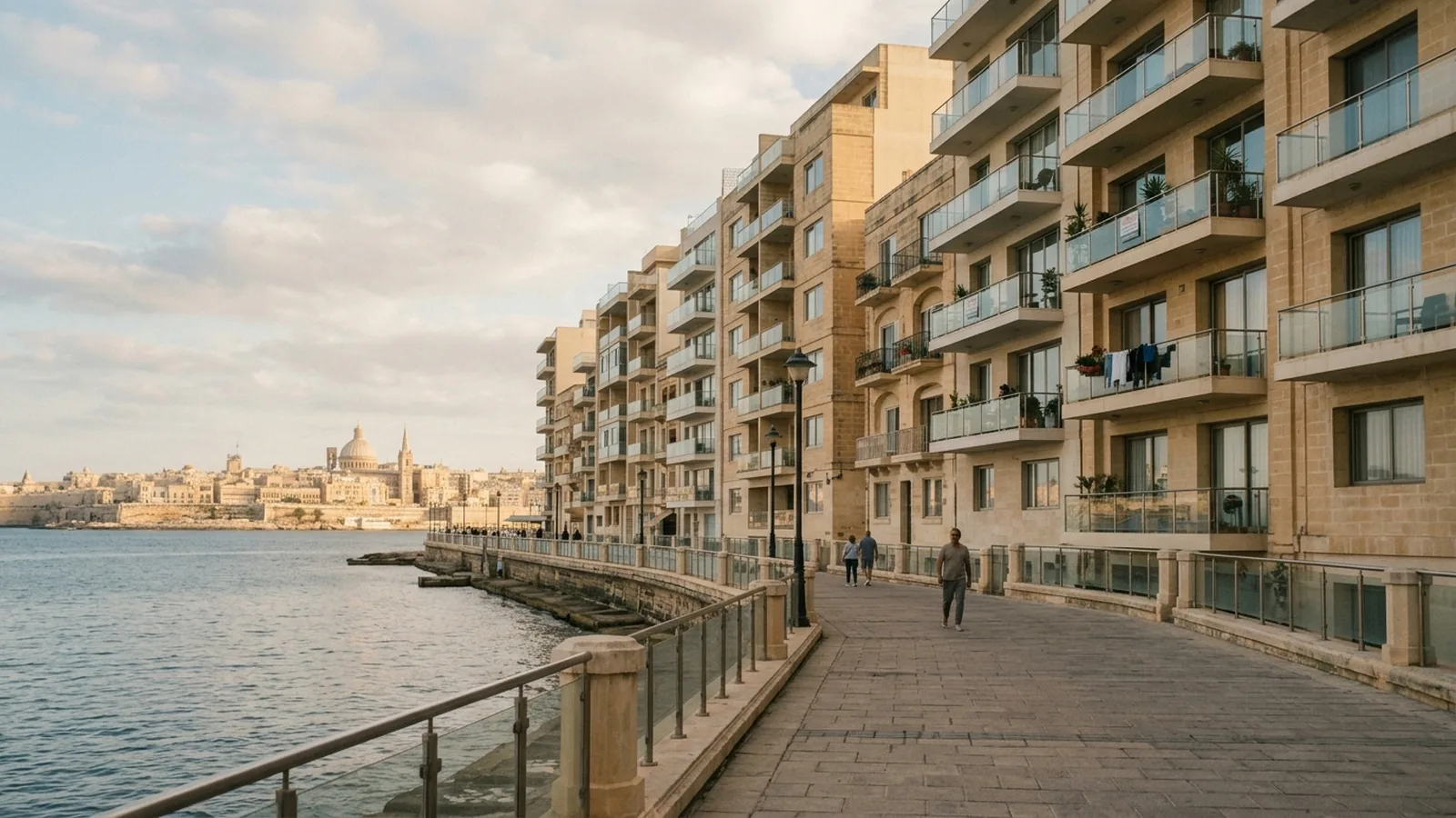 Lägenhetshus längs strandpromenaden i Sliema.