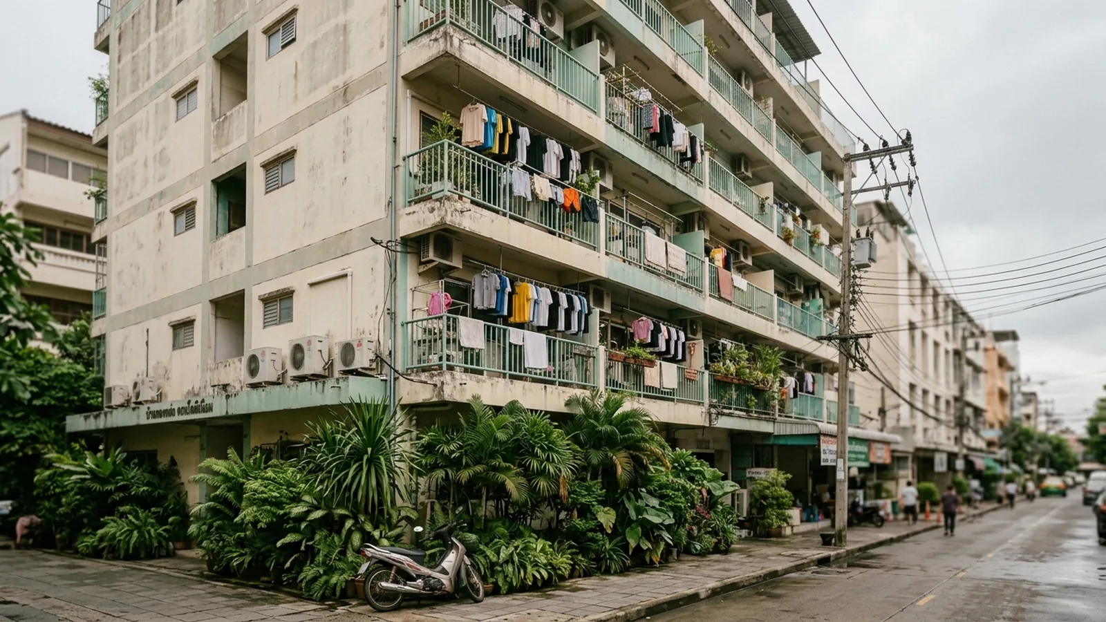 Typiskt condominium i en thailändsk stad.