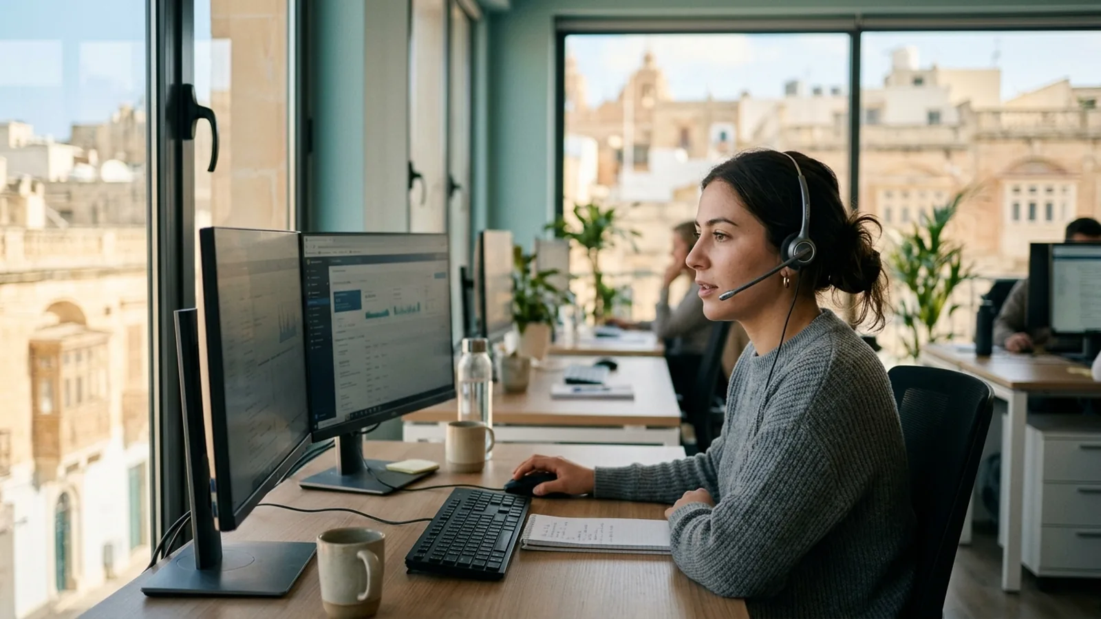 Kundtjänstmedarbetare med headset på ett kontor på Malta.