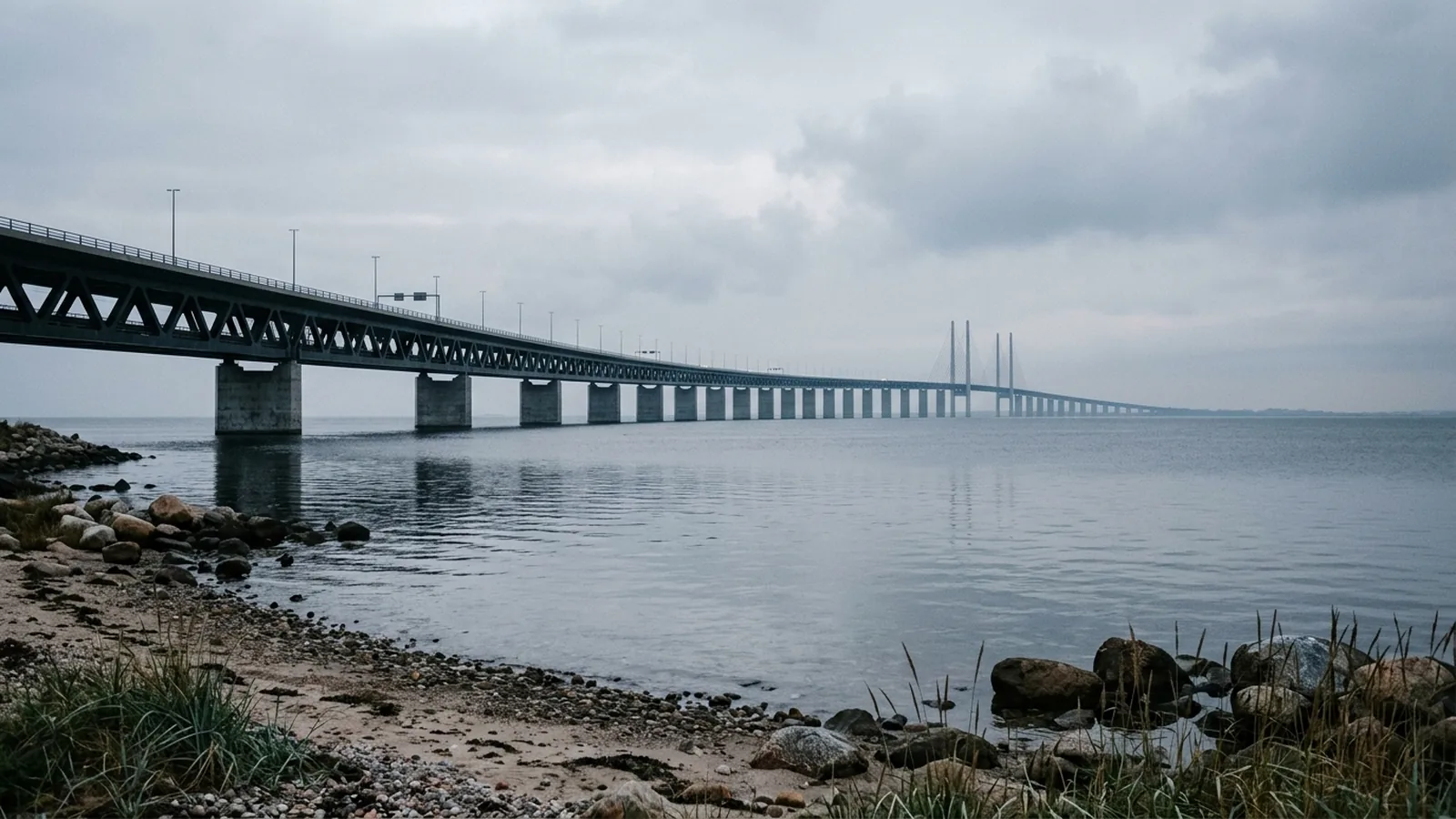 Bro över Öresund i gryningsljus.
