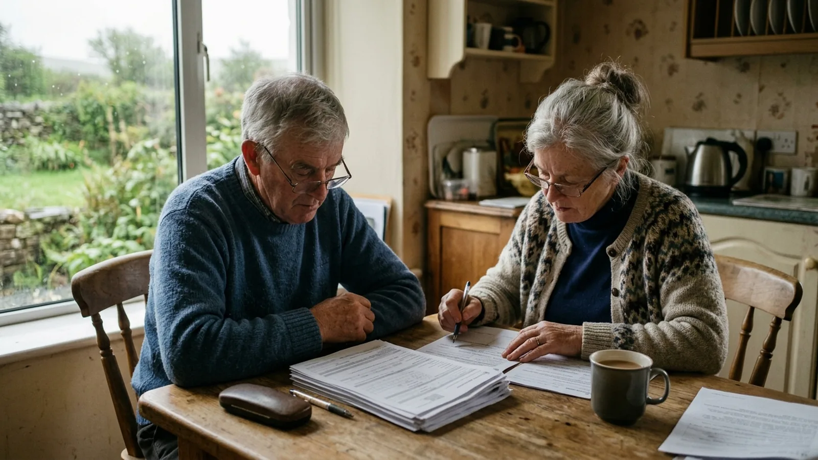 Par går igenom pensionspapper vid ett köksbord i Irland.