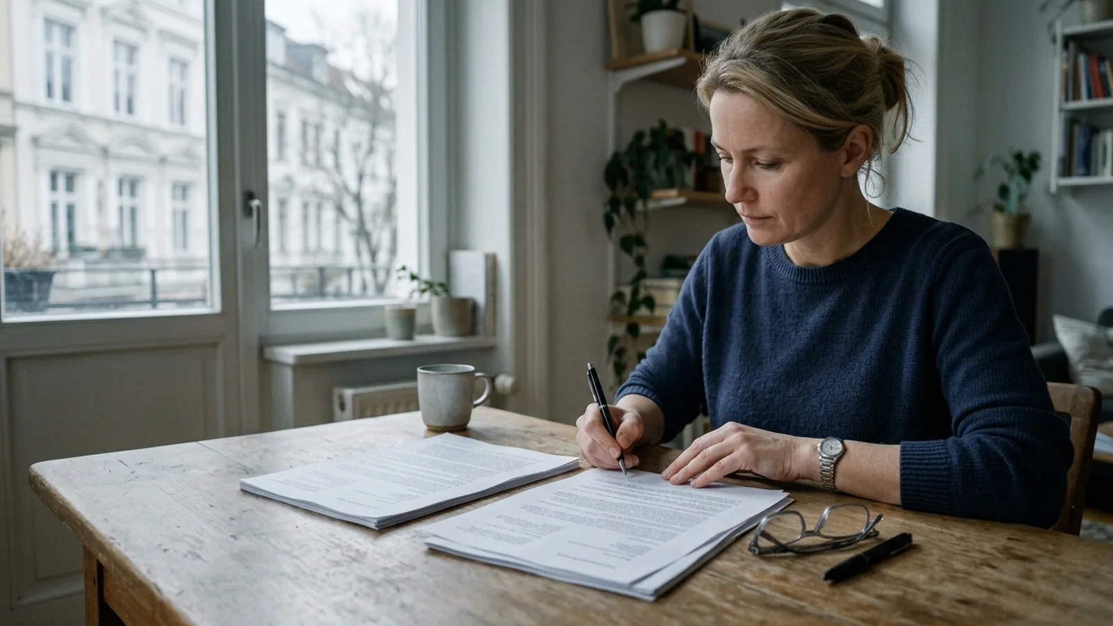 Person jämför försäkringspapper vid ett skrivbord i Tyskland.