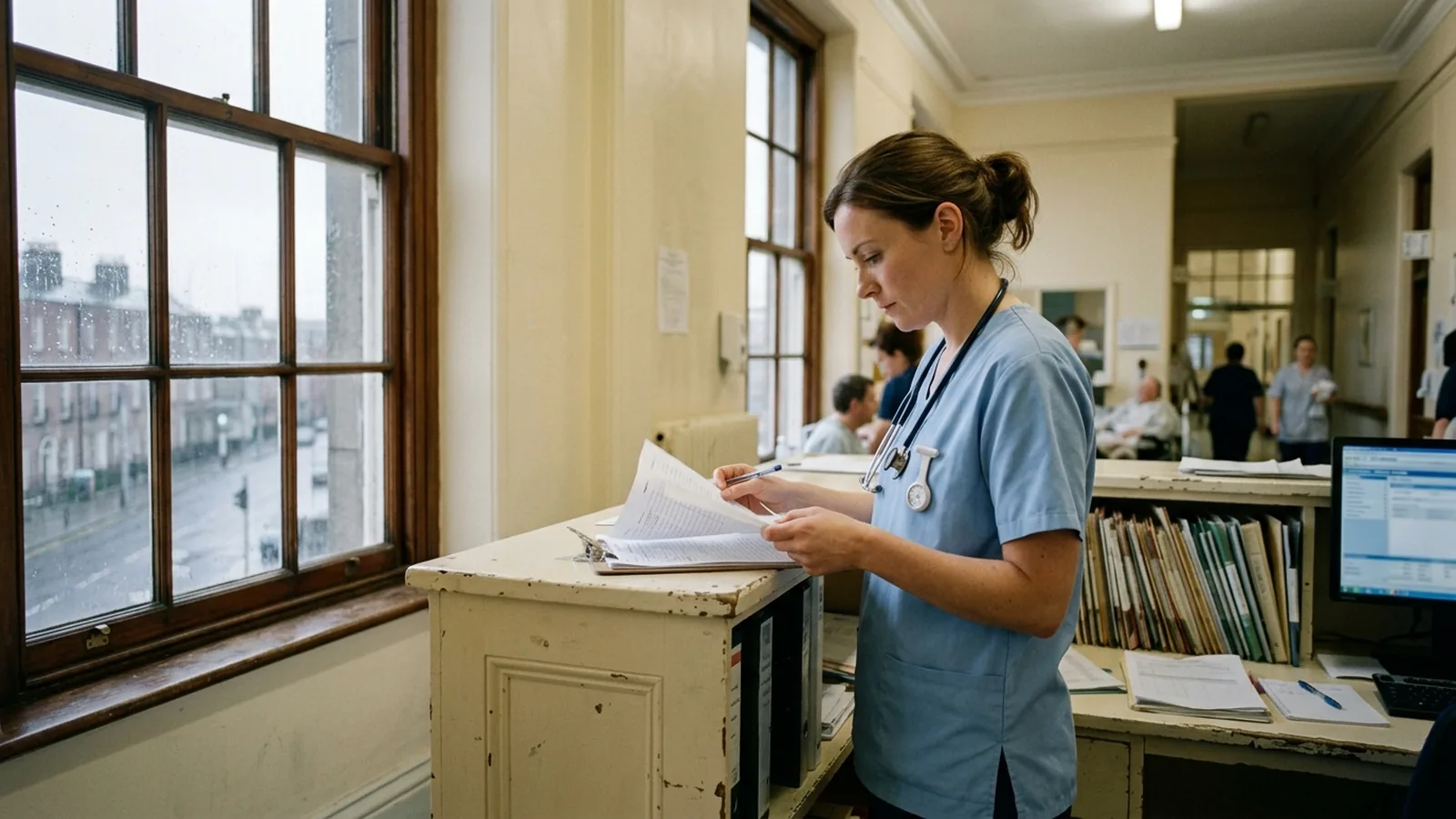 Sjuksköterska går igenom en patientjournal på en avdelning i Irland.