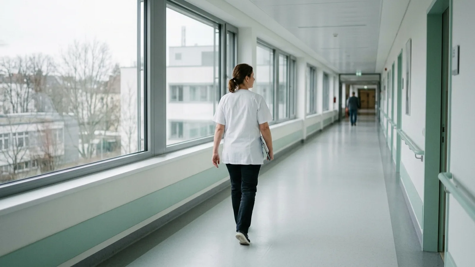 Vårdpersonal i en korridor på ett tyskt sjukhus.