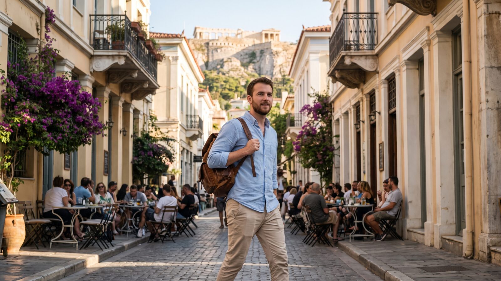Man i skjorta och ryggsäck går genom en solig gränd i centrala Aten, med uteserveringar och Akropolis synligt på höjden i bakgrunden
