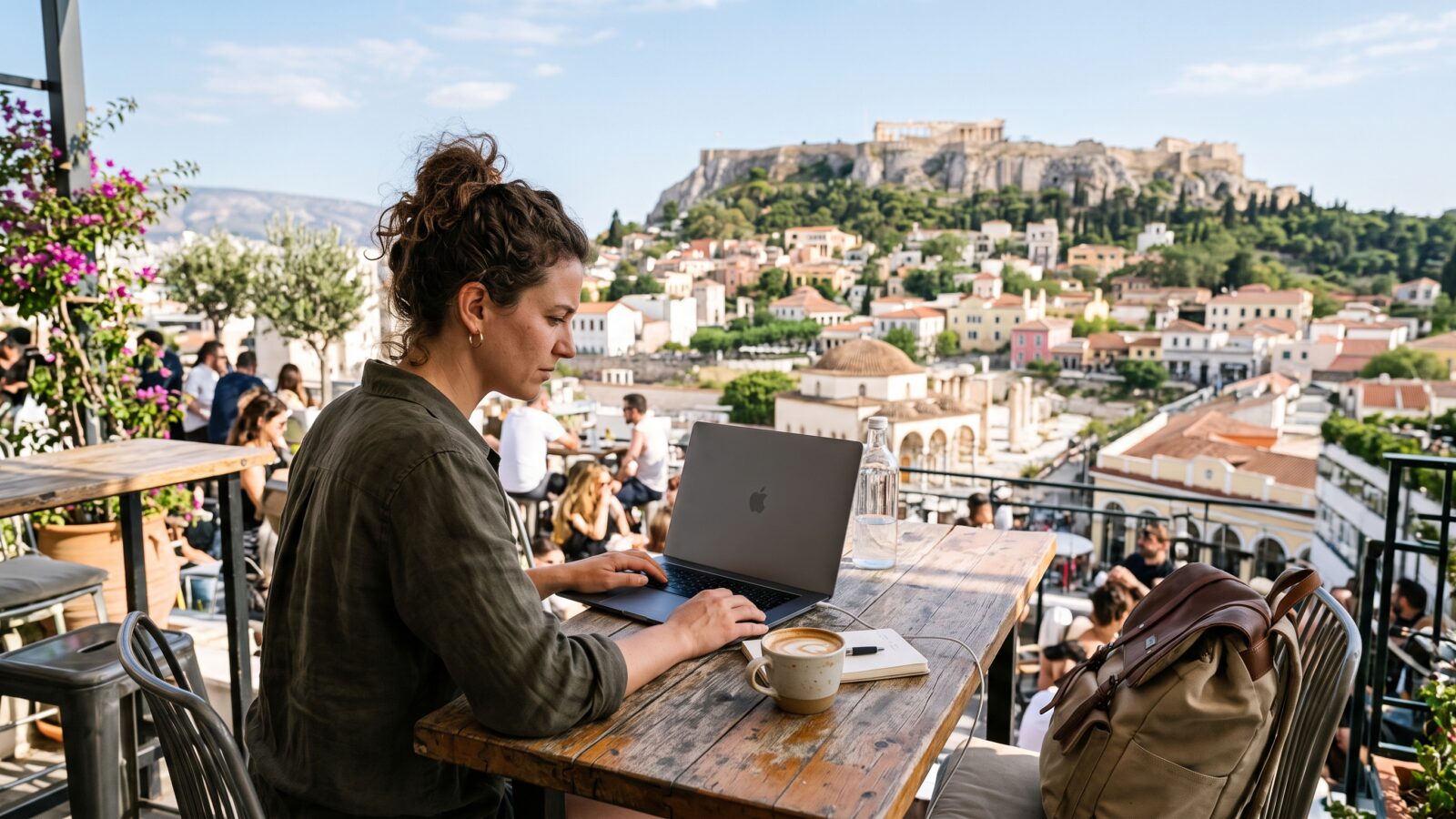 Person arbetar på laptop vid ett takcafé i Aten med Akropolis i bakgrunden