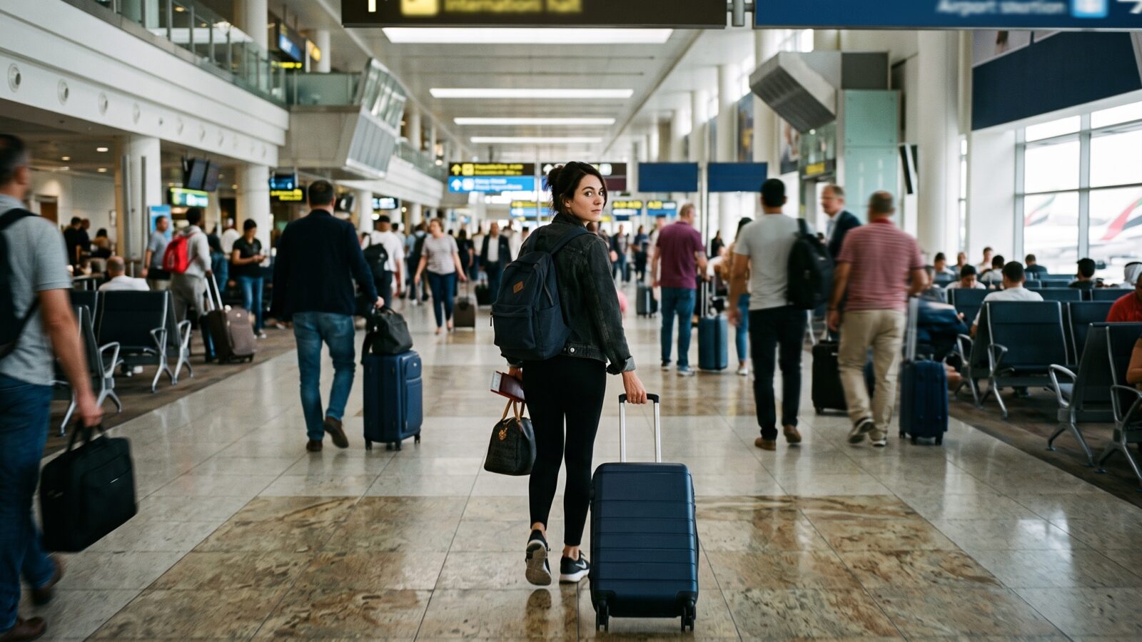 Person drar en resväska genom en flygplatsterminal
