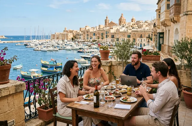 Grupp vänner äter lunch på en solig terrass i Malta med hamnen i bakgrunden